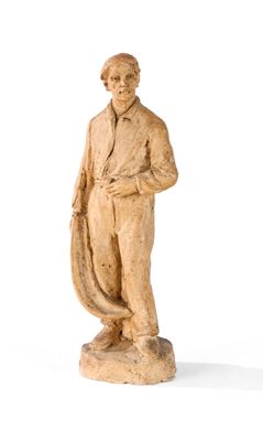 statue of a man in a suit and tie standing with his hands on his hips