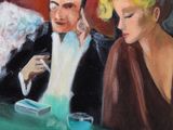 an oil painting of a group of people sitting at a table