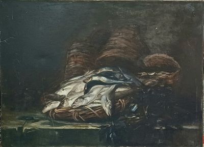 ECOLE XIXè, "Nature morte aux maquereaux", huile sur toile, … - Photo 1