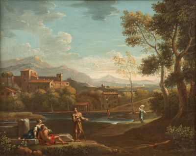 painting of a landscape with figures and a river in the foreground