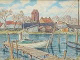 une aquarelle représentant un bateau amarré à un quai