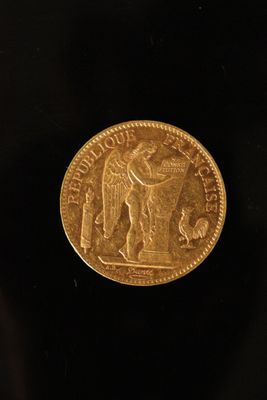 a close up of a gold coin on a black surface