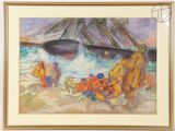 painting of a group of people on a beach with a boat in the background