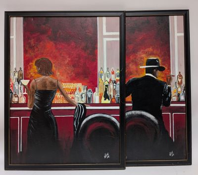 painting of a man and a woman at a bar with bottles behind them