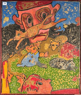 painting of a man with a dog and a cat in a field