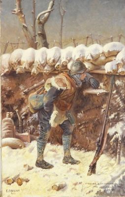 une image représentant un tableau où l'on voit un homme armé d'un fusil dans la neige