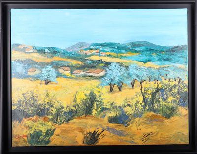 oil painting of a landscape with olive trees and a house in the distance