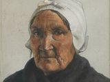 tableau représentant une vieille femme coiffée d'un turban blanc