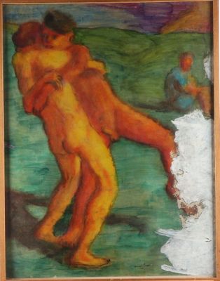 tableau représentant un couple s'étreignant sur une plage