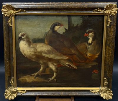 tableau représentant trois oiseaux dans un paysage, avec un château en arrière-plan