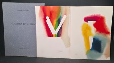 an open book with a picture of a vase and a painting on it