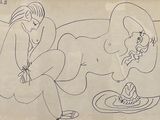 an image of a drawing of a woman sitting on a bed next to a cat