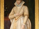 une peinture à l'huile représentant une femme vêtue d'une robe blanche ornée d'une bordure dorée
