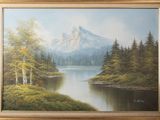 painting of a mountain with a lake and trees in the foreground
