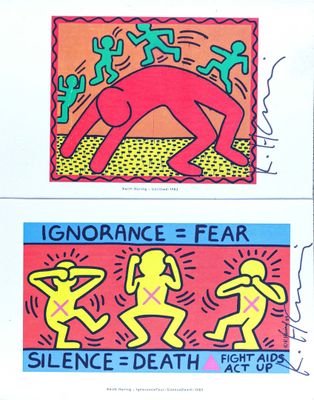 two posters depicting a man and a woman doing different things
