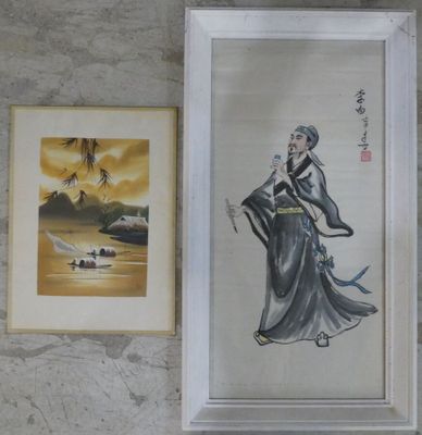 Estampe 20ème, 71x34cm et HUE, "Pêcheurs", 31x22cm