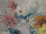 a painting of flowers in a blue vase on a table
