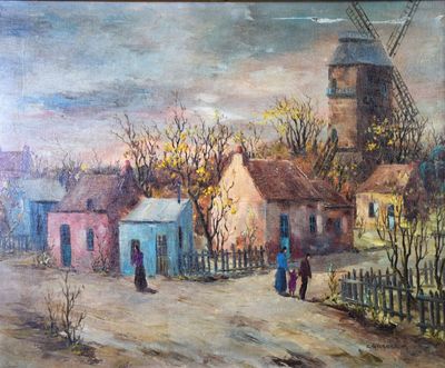 tableau représentant une scène de village avec un moulin à vent en arrière-plan