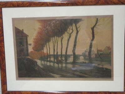 tableau encadré représentant un paysage avec des arbres au premier plan