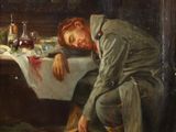 un tableau représentant un homme assis à une table, un couteau à la main