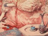 a painting of a woman laying on a couch with a tea pot