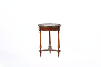 a small table with a marble top on a white background