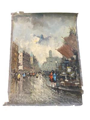 une peinture de personnes marchant dans la rue sous la pluie