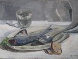 a painting of a fish on a plate with a glass of water