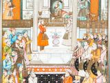 a painting of a group of people standing in front of a building
