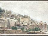 a picture of a painting of a town on a hill