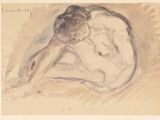 dessin représentant une femme nue assise sur un lit, de dos par rapport à l'appareil photo
