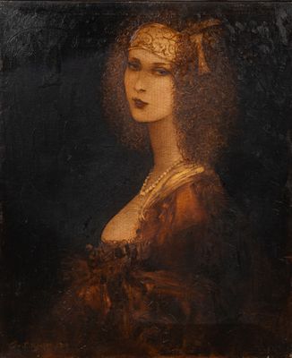 un tableau représentant une femme en robe rouge