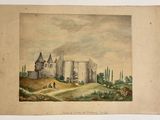 une vieille peinture représentant un château sur une colline, avec un cheval au premier plan