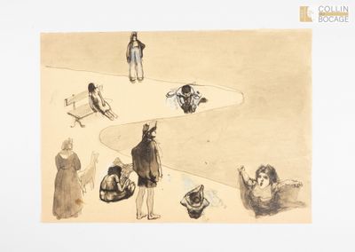un dessin représentant un groupe de personnes assises sur un banc