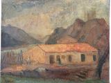 an image of a painting of a house in a mountainous area