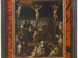un tableau représentant un groupe de personnes assises autour d'un crucifix