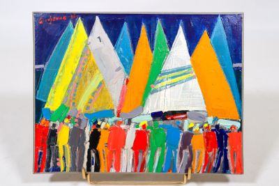 un tableau représentant un groupe de personnes sur une plage, avec des voiliers en arrière-plan