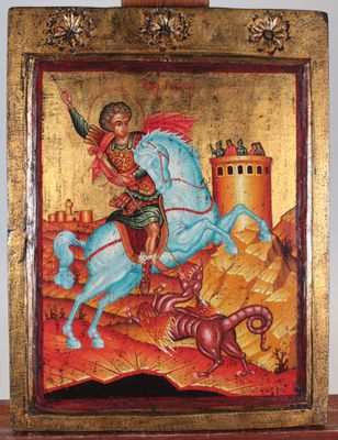 une image représentant un tableau où l'on voit un homme à cheval avec un dragon