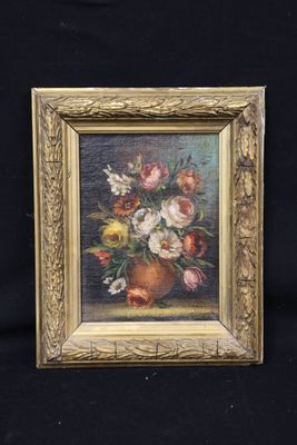 a picture of a painting of flowers in a vase on a black background