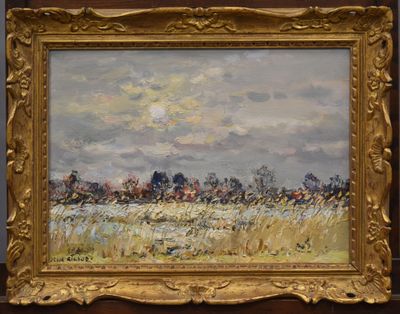 an oil painting of a field with trees and clouds in the background