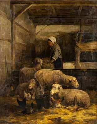 une image représentant un tableau montrant des moutons dans une grange, avec une femme en train de les nourrir