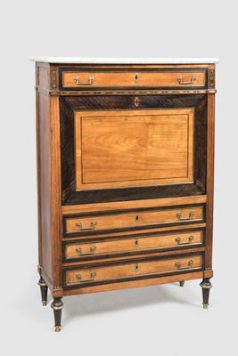 an image of a wooden cabinet with drawers and a marble top