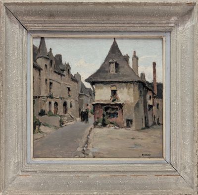 tableau représentant une scène de rue avec des bâtiments et une calèche