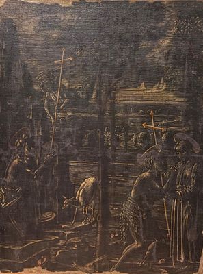 une photo d'un tableau accroché au mur, représentant des personnes dans les bois