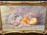 painting of a still life of oranges and grapes on a table