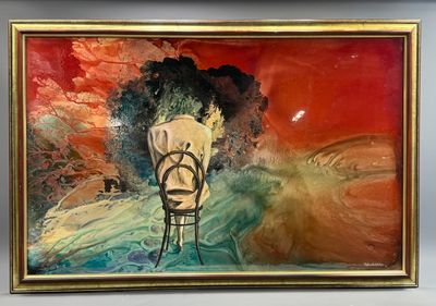 tableau représentant une femme assise sur une chaise, avec un ciel rouge en arrière-plan