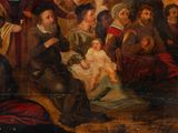 painting of a group of people gathered around a baby in a room