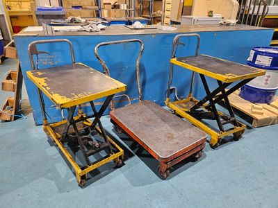 two yellow and black tables sitting next to each other in a room