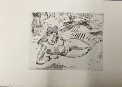 pencil drawing of a nude woman laying on a beach with a man in the background