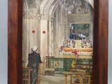 tableau représentant un homme debout dans une église, avec une table et des chaises